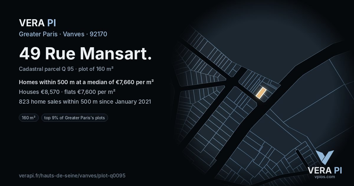 49 Rue Mansart, Vanves at night – the plot lit, the parcels around coloured by the prices near them