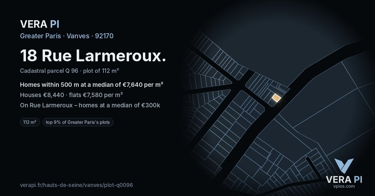 18 Rue Larmeroux, Vanves at night – the plot lit, the parcels around coloured by the prices near them