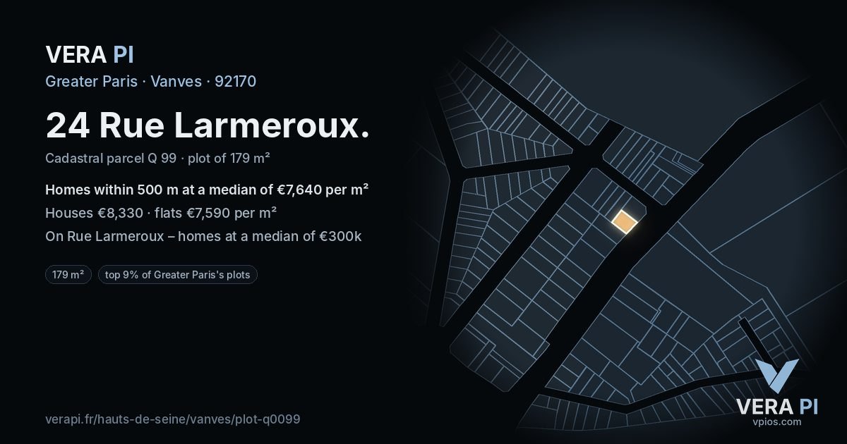 24 Rue Larmeroux, Vanves at night – the plot lit, the parcels around coloured by the prices near them