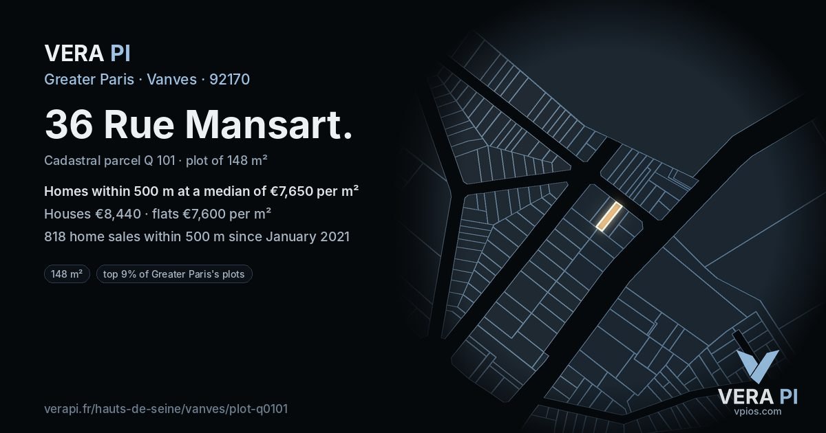 36 Rue Mansart, Vanves at night – the plot lit, the parcels around coloured by the prices near them