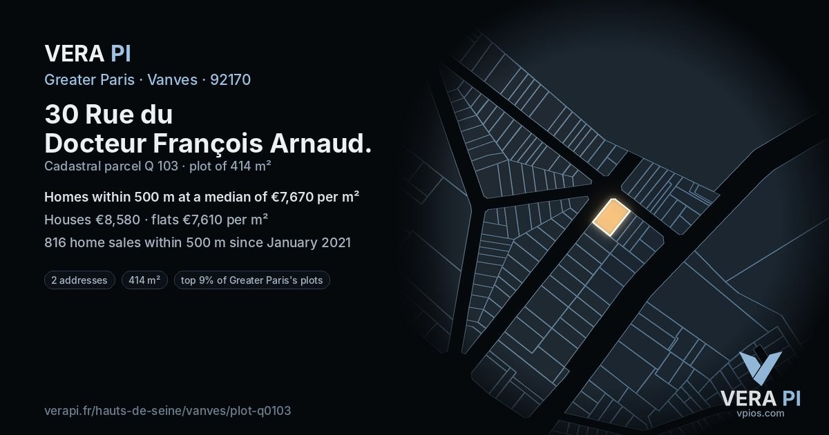 30 Rue du Docteur François Arnaud, Vanves at night – the plot lit, the parcels around coloured by the prices near them