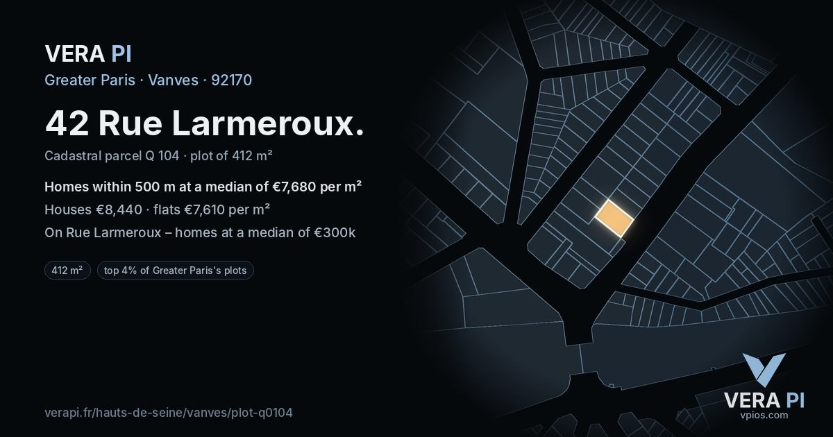 42 Rue Larmeroux, Vanves at night – the plot lit, the parcels around coloured by the prices near them