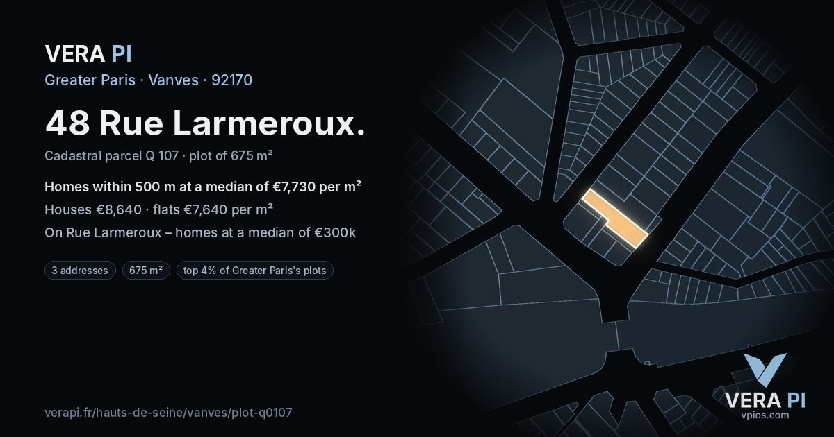 48 Rue Larmeroux, Vanves at night – the plot lit, the parcels around coloured by the prices near them