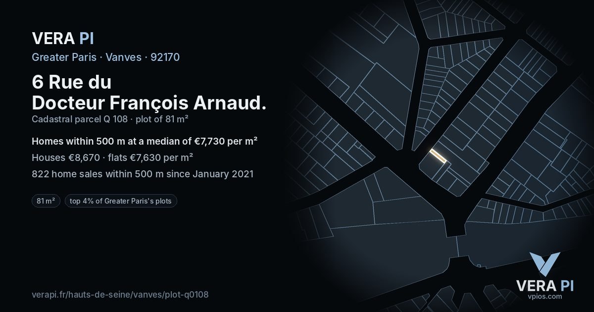 6 Rue du Docteur François Arnaud, Vanves at night – the plot lit, the parcels around coloured by the prices near them