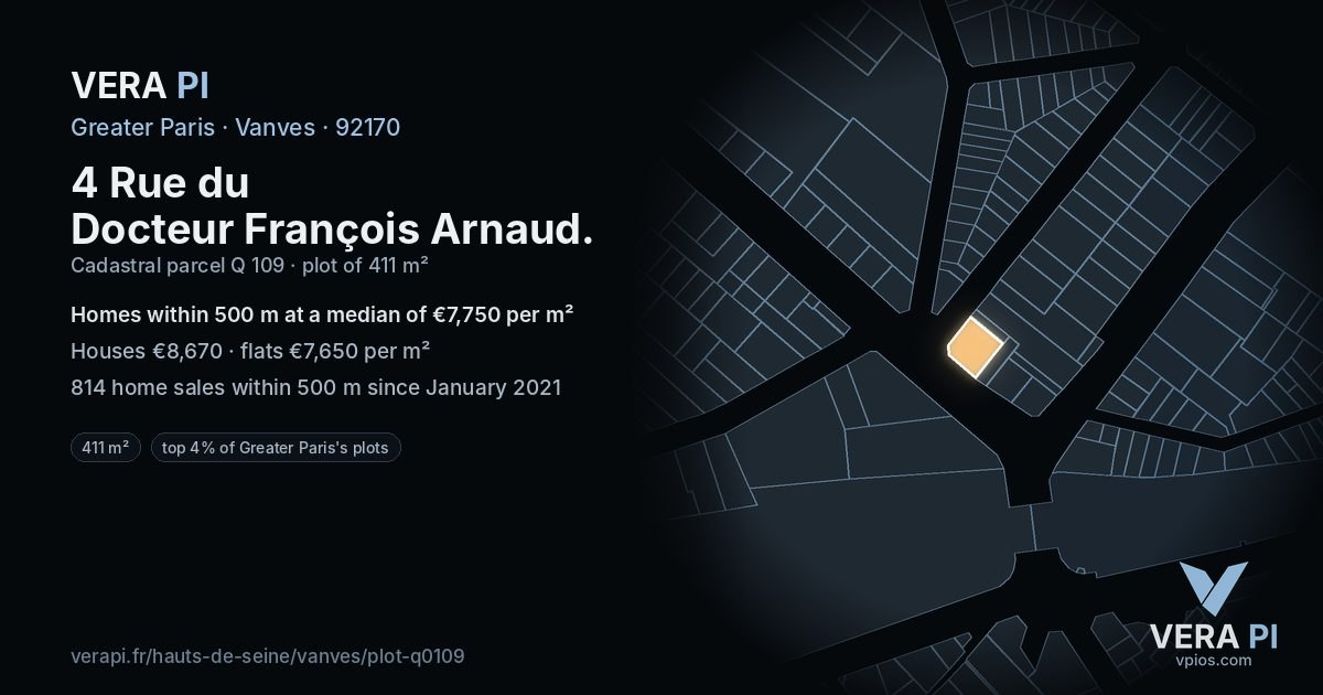 4 Rue du Docteur François Arnaud, Vanves at night – the plot lit, the parcels around coloured by the prices near them