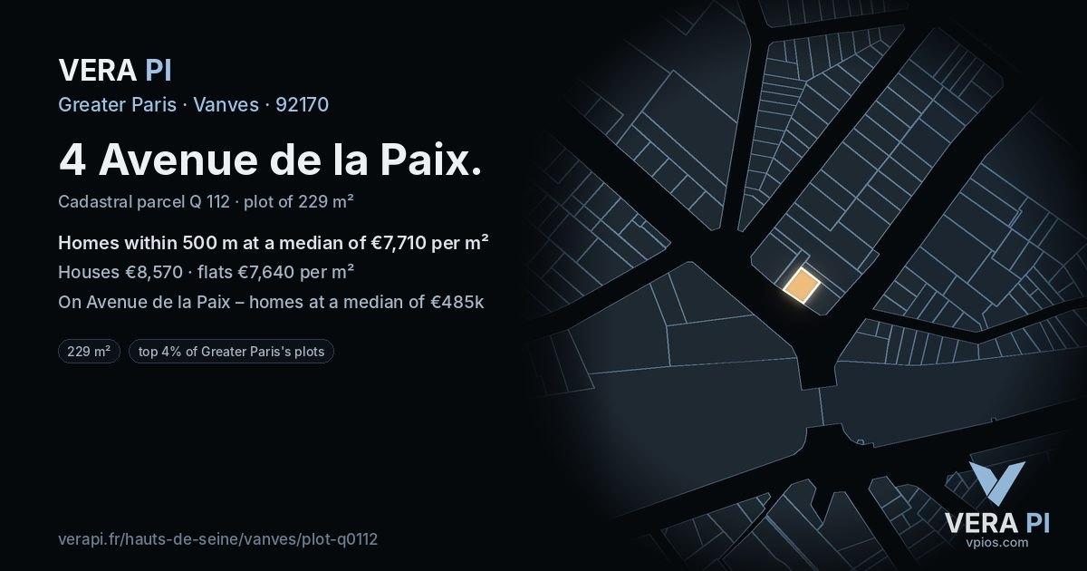 4 Avenue de la Paix, Vanves at night – the plot lit, the parcels around coloured by the prices near them