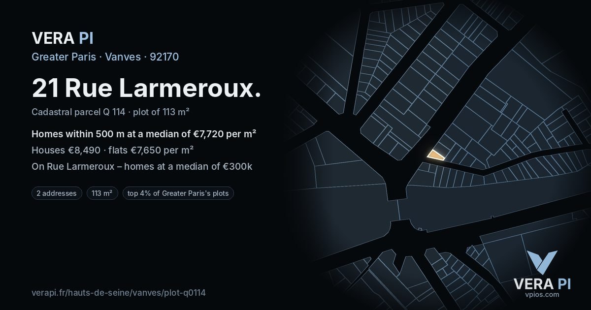 21 Rue Larmeroux, Vanves at night – the plot lit, the parcels around coloured by the prices near them