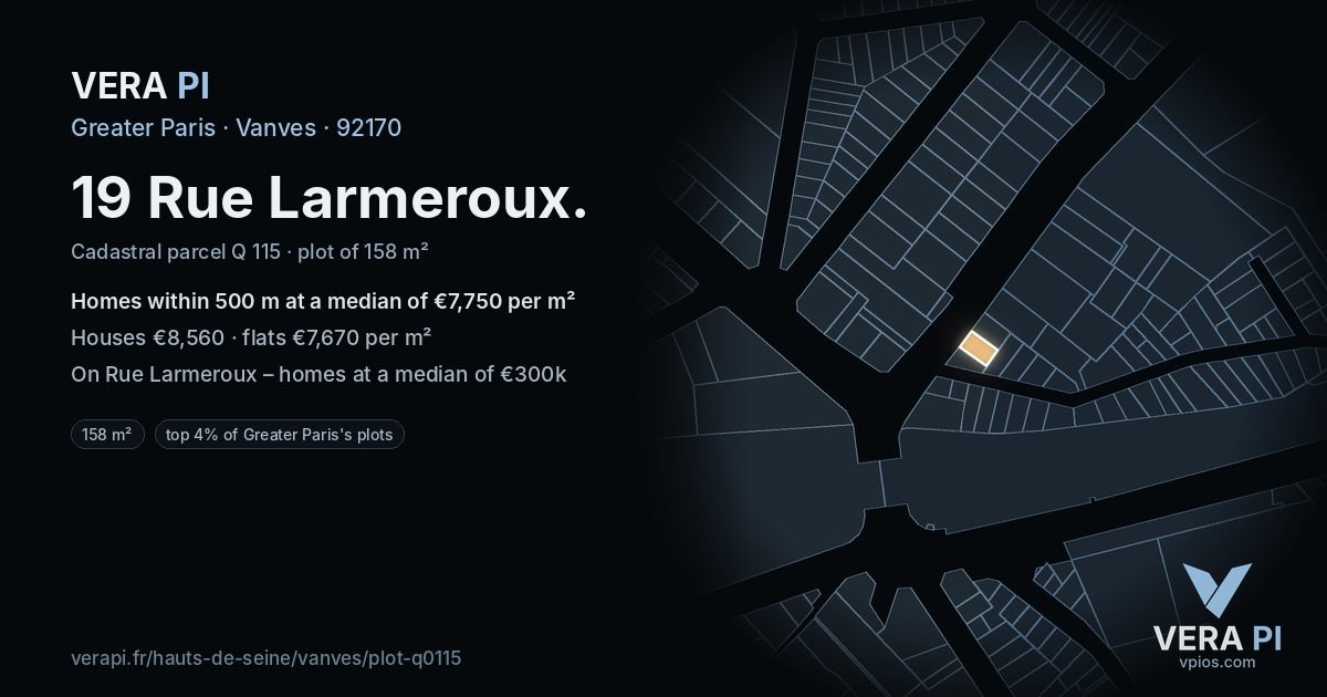 19 Rue Larmeroux, Vanves at night – the plot lit, the parcels around coloured by the prices near them