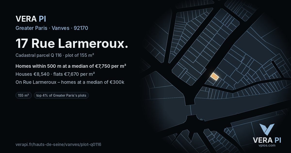 17 Rue Larmeroux, Vanves at night – the plot lit, the parcels around coloured by the prices near them