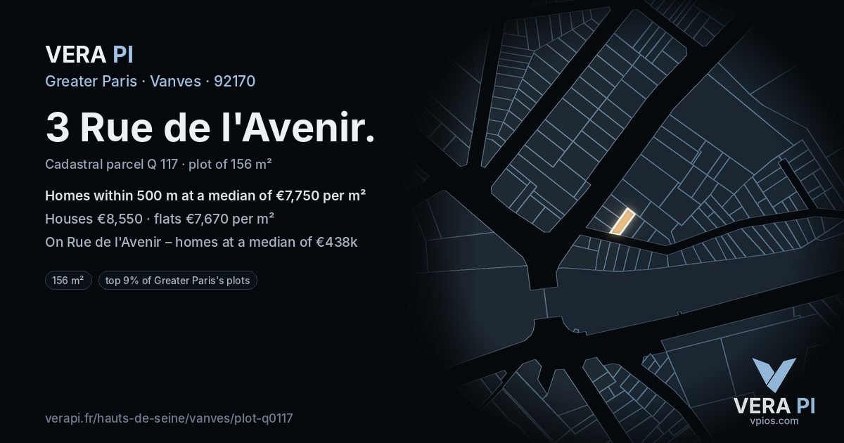 3 Rue de l'Avenir, Vanves at night – the plot lit, the parcels around coloured by the prices near them