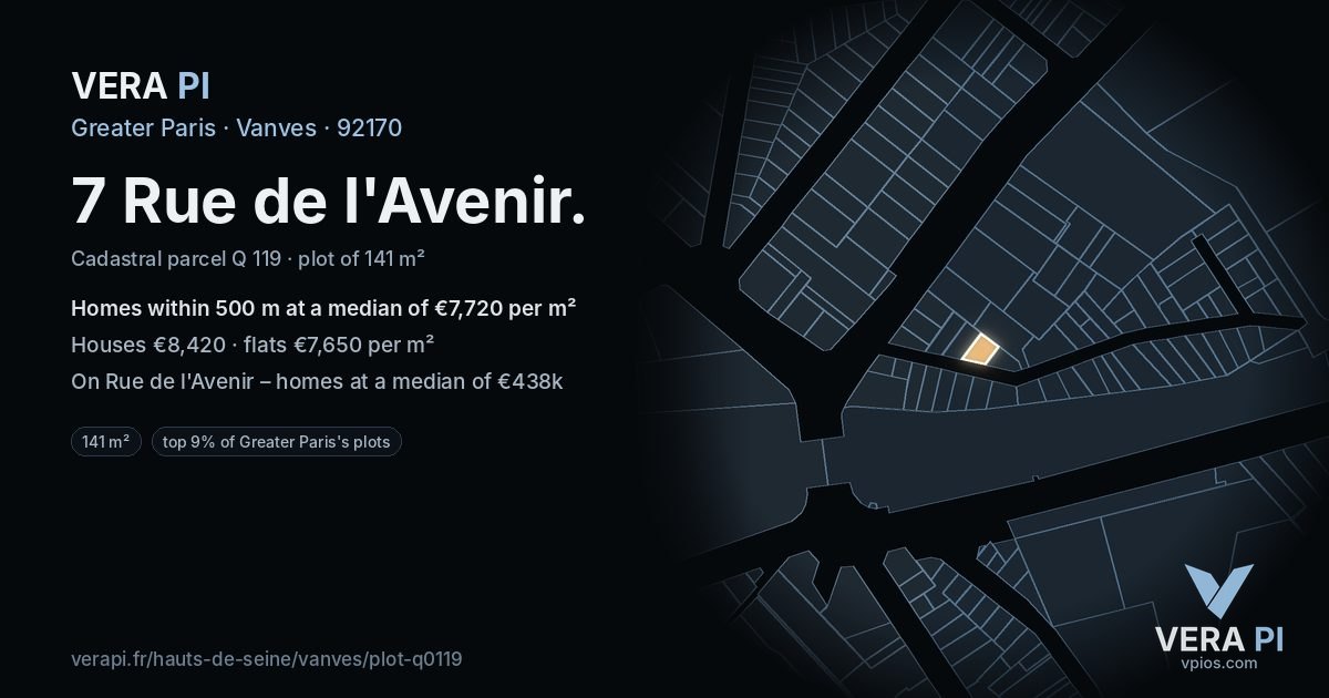 7 Rue de l'Avenir, Vanves at night – the plot lit, the parcels around coloured by the prices near them