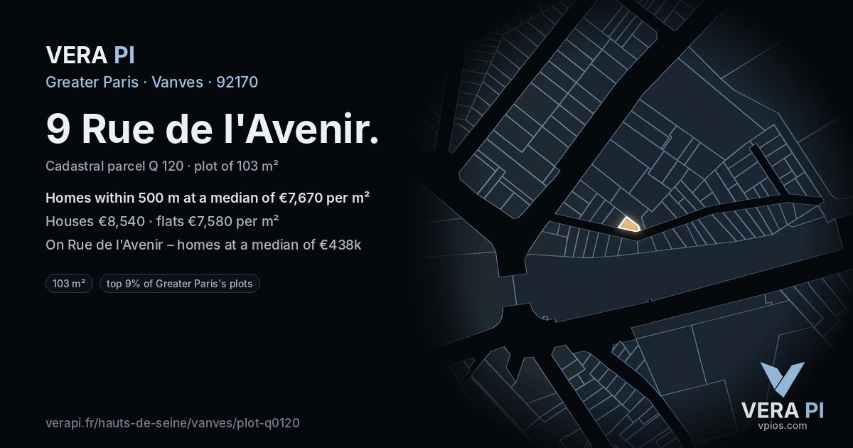 9 Rue de l'Avenir, Vanves at night – the plot lit, the parcels around coloured by the prices near them