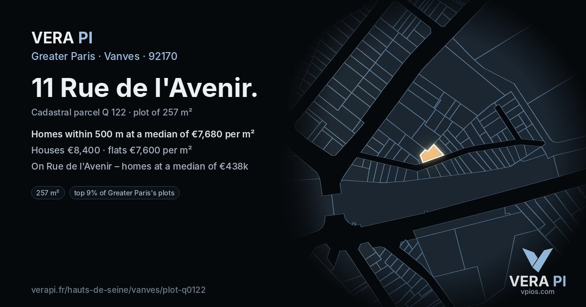 11 Rue de l'Avenir, Vanves at night – the plot lit, the parcels around coloured by the prices near them