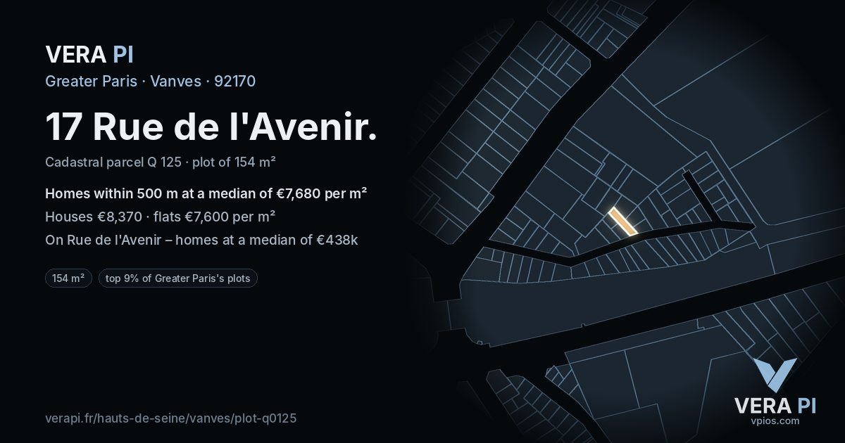 17 Rue de l'Avenir, Vanves at night – the plot lit, the parcels around coloured by the prices near them