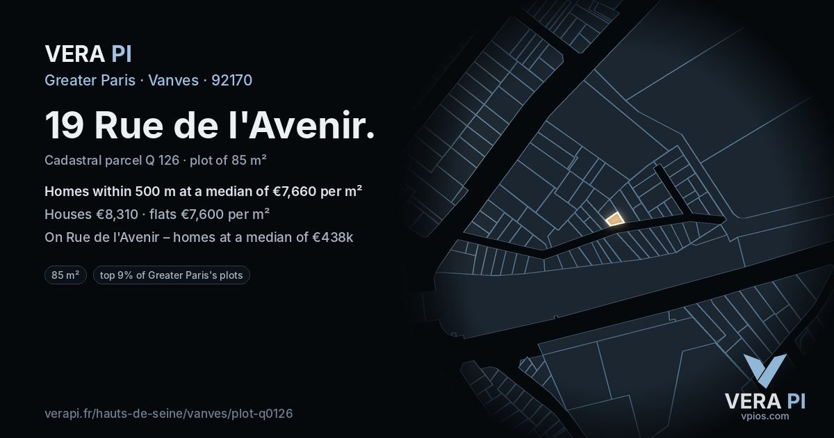 19 Rue de l'Avenir, Vanves at night – the plot lit, the parcels around coloured by the prices near them