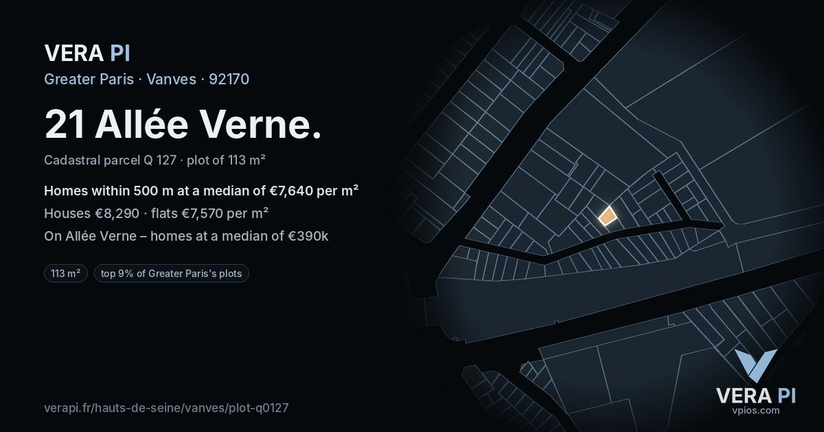 21 Allée Verne, Vanves at night – the plot lit, the parcels around coloured by the prices near them