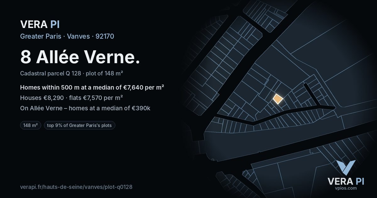 8 Allée Verne, Vanves at night – the plot lit, the parcels around coloured by the prices near them