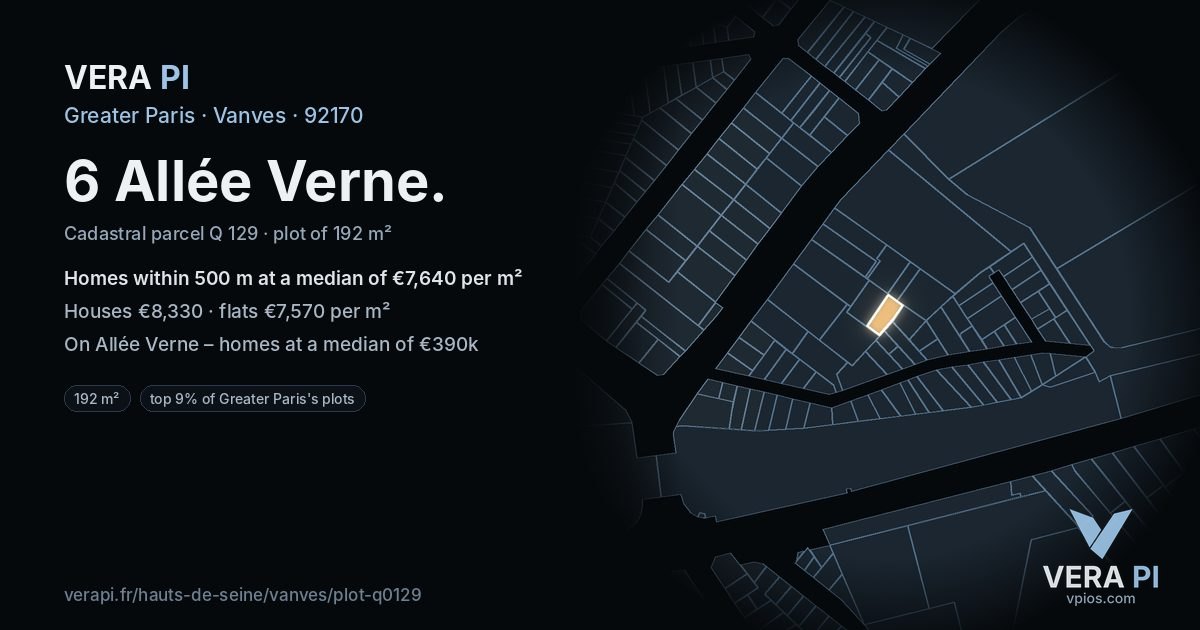 6 Allée Verne, Vanves at night – the plot lit, the parcels around coloured by the prices near them