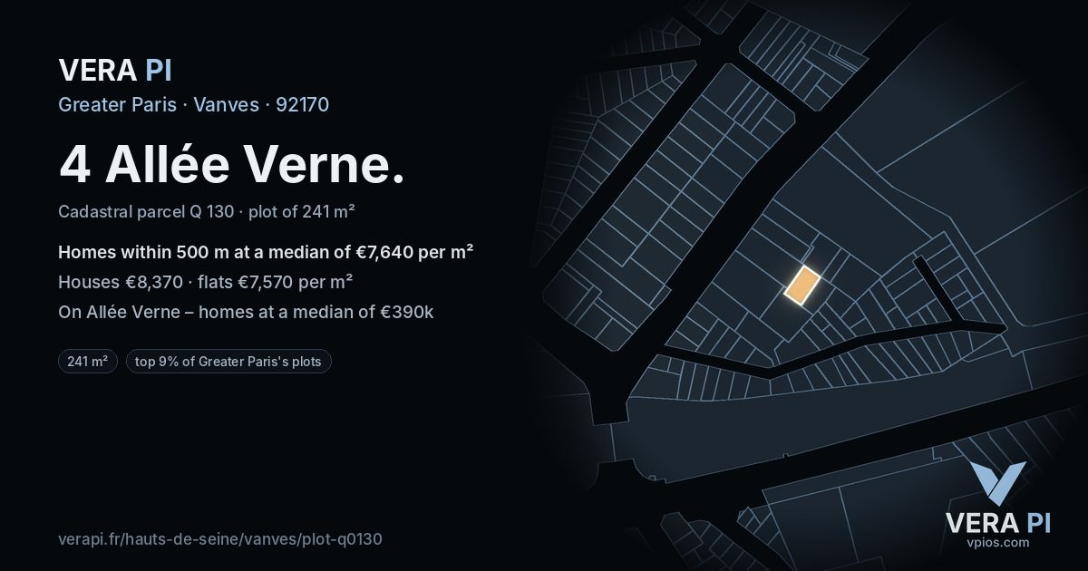 4 Allée Verne, Vanves at night – the plot lit, the parcels around coloured by the prices near them