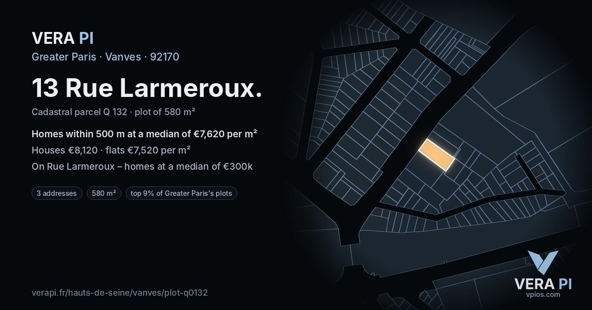 13 Rue Larmeroux, Vanves at night – the plot lit, the parcels around coloured by the prices near them