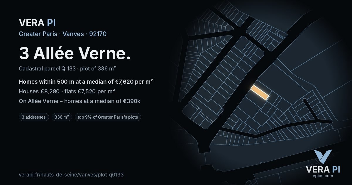3 Allée Verne, Vanves at night – the plot lit, the parcels around coloured by the prices near them