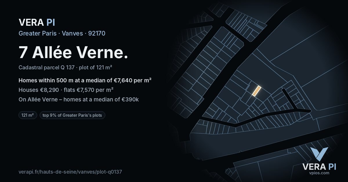 7 Allée Verne, Vanves at night – the plot lit, the parcels around coloured by the prices near them