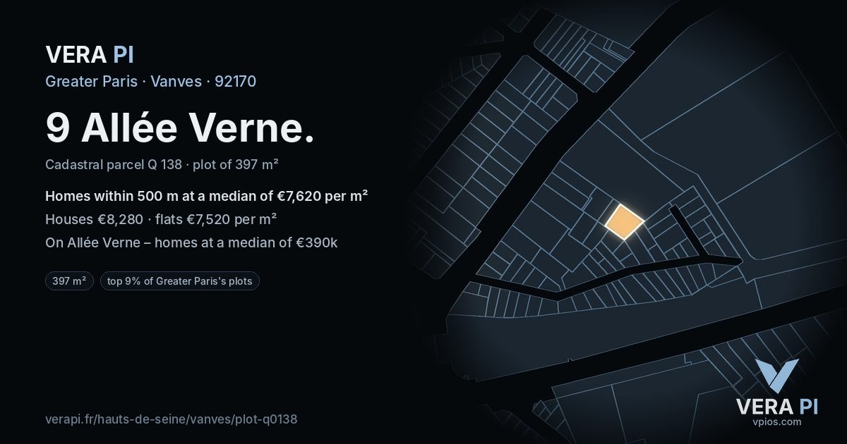 9 Allée Verne, Vanves at night – the plot lit, the parcels around coloured by the prices near them