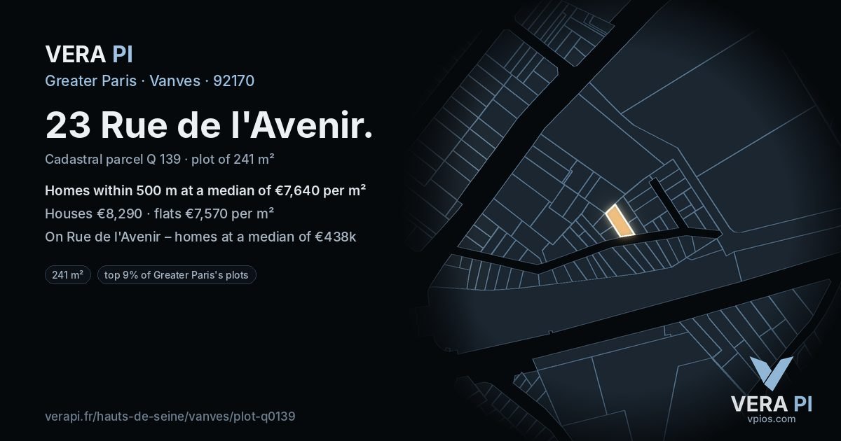 23 Rue de l'Avenir, Vanves at night – the plot lit, the parcels around coloured by the prices near them
