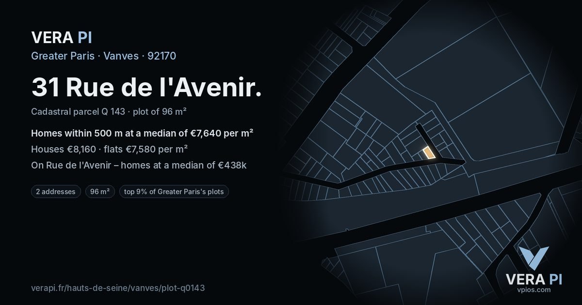31 Rue de l'Avenir, Vanves at night – the plot lit, the parcels around coloured by the prices near them