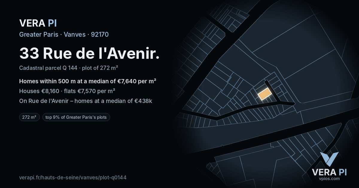 33 Rue de l'Avenir, Vanves at night – the plot lit, the parcels around coloured by the prices near them