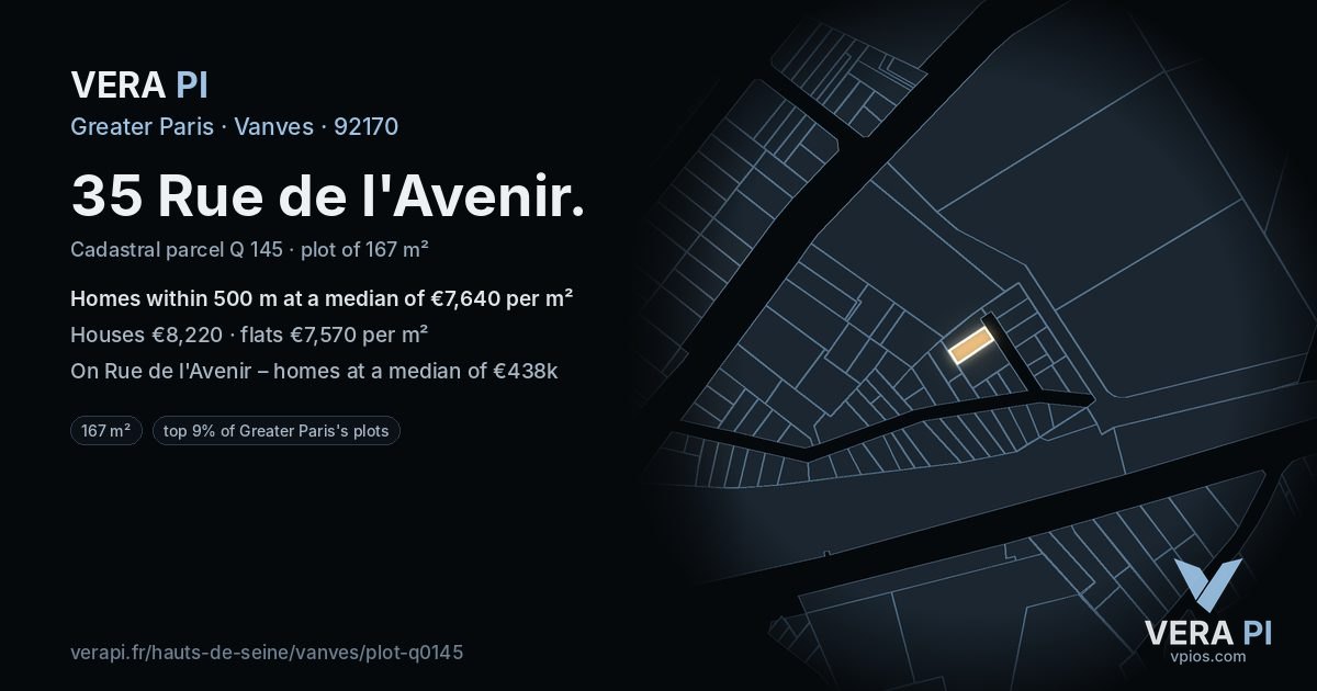 35 Rue de l'Avenir, Vanves at night – the plot lit, the parcels around coloured by the prices near them