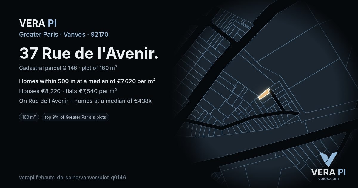 37 Rue de l'Avenir, Vanves at night – the plot lit, the parcels around coloured by the prices near them