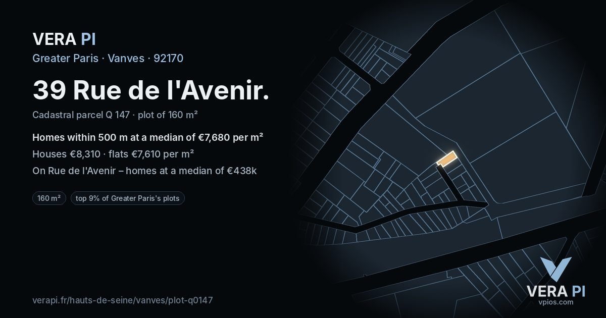 39 Rue de l'Avenir, Vanves at night – the plot lit, the parcels around coloured by the prices near them