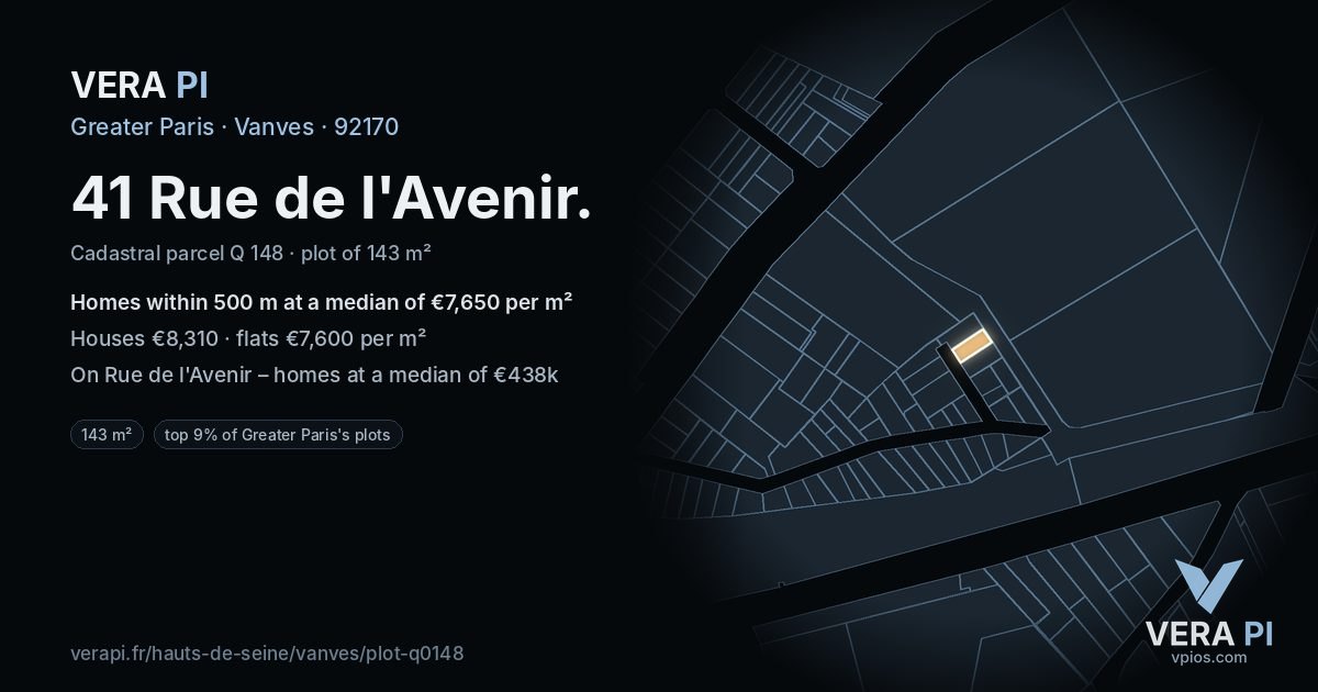 41 Rue de l'Avenir, Vanves at night – the plot lit, the parcels around coloured by the prices near them