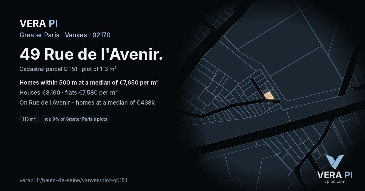 49 Rue de l'Avenir, Vanves at night – the plot lit, the parcels around coloured by the prices near them