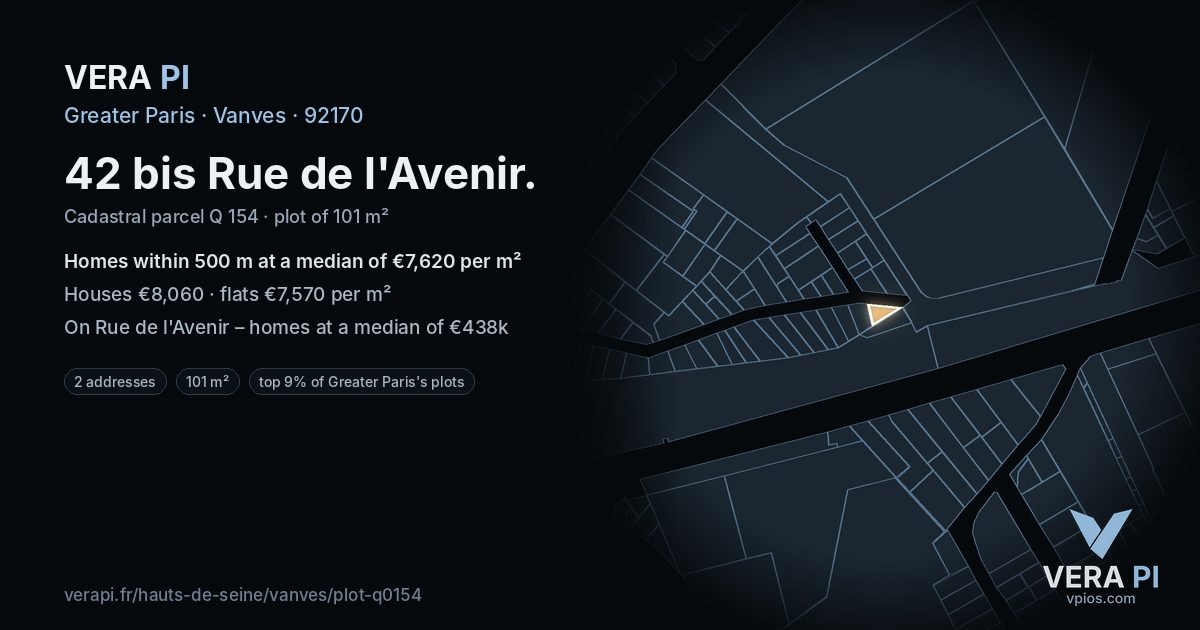 42 bis Rue de l'Avenir, Vanves at night – the plot lit, the parcels around coloured by the prices near them