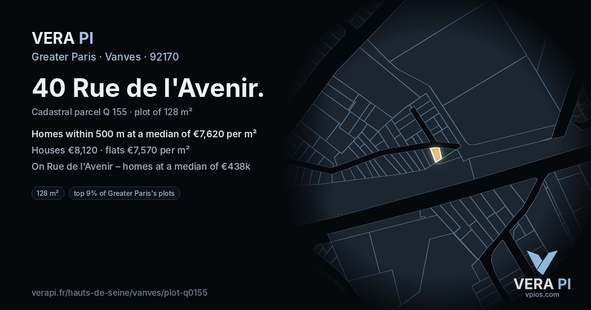 40 Rue de l'Avenir, Vanves at night – the plot lit, the parcels around coloured by the prices near them