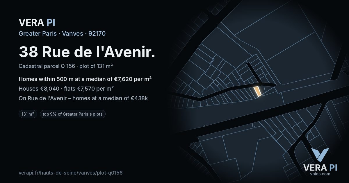 38 Rue de l'Avenir, Vanves at night – the plot lit, the parcels around coloured by the prices near them