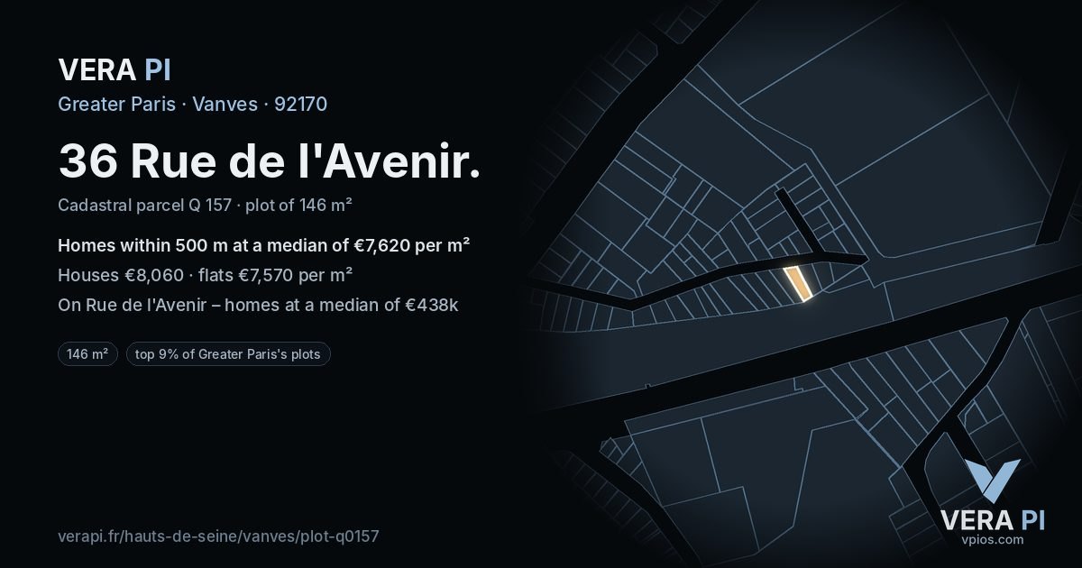 36 Rue de l'Avenir, Vanves at night – the plot lit, the parcels around coloured by the prices near them