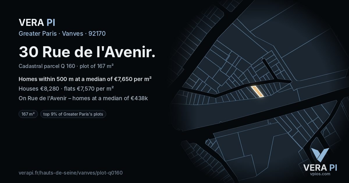 30 Rue de l'Avenir, Vanves at night – the plot lit, the parcels around coloured by the prices near them