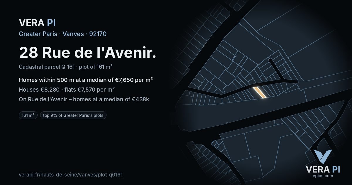 28 Rue de l'Avenir, Vanves at night – the plot lit, the parcels around coloured by the prices near them
