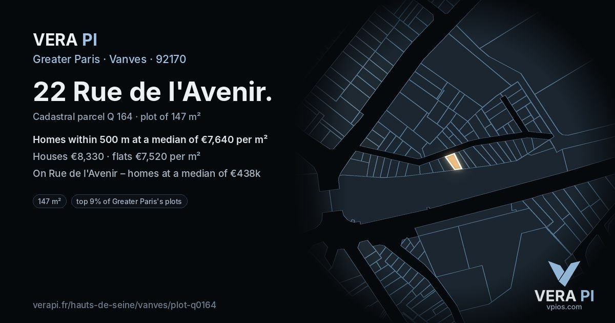 22 Rue de l'Avenir, Vanves at night – the plot lit, the parcels around coloured by the prices near them