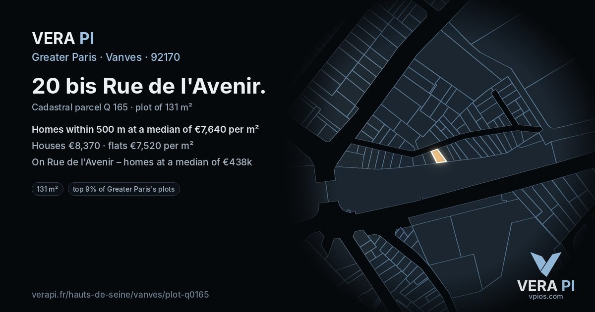 20 bis Rue de l'Avenir, Vanves at night – the plot lit, the parcels around coloured by the prices near them