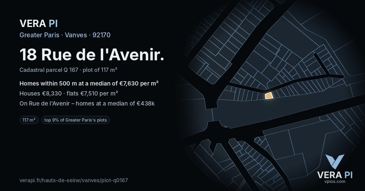 18 Rue de l'Avenir, Vanves at night – the plot lit, the parcels around coloured by the prices near them