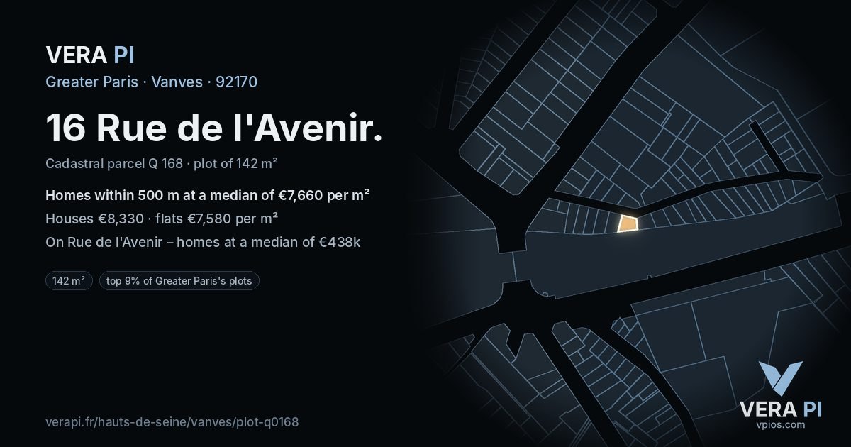 16 Rue de l'Avenir, Vanves at night – the plot lit, the parcels around coloured by the prices near them