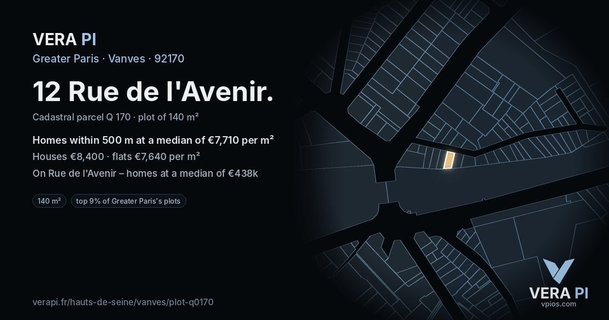 12 Rue de l'Avenir, Vanves at night – the plot lit, the parcels around coloured by the prices near them