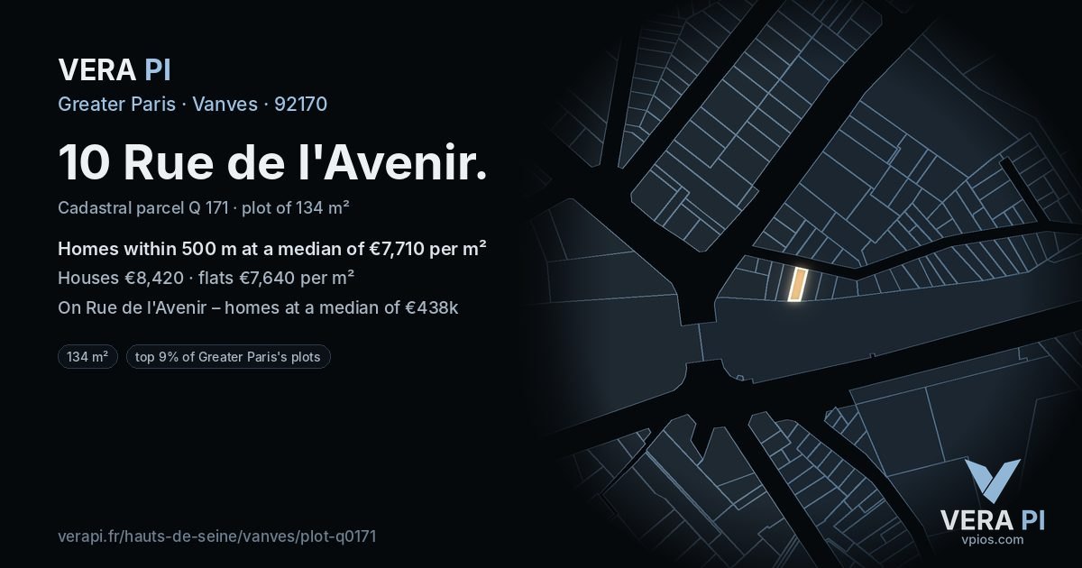 10 Rue de l'Avenir, Vanves at night – the plot lit, the parcels around coloured by the prices near them