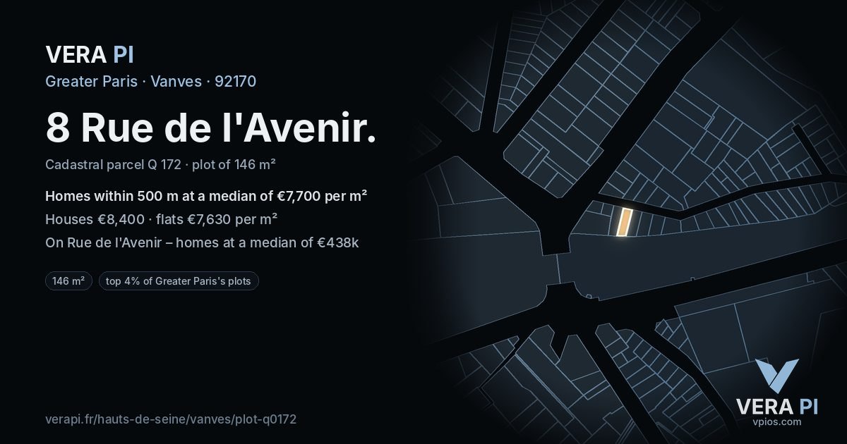 8 Rue de l'Avenir, Vanves at night – the plot lit, the parcels around coloured by the prices near them