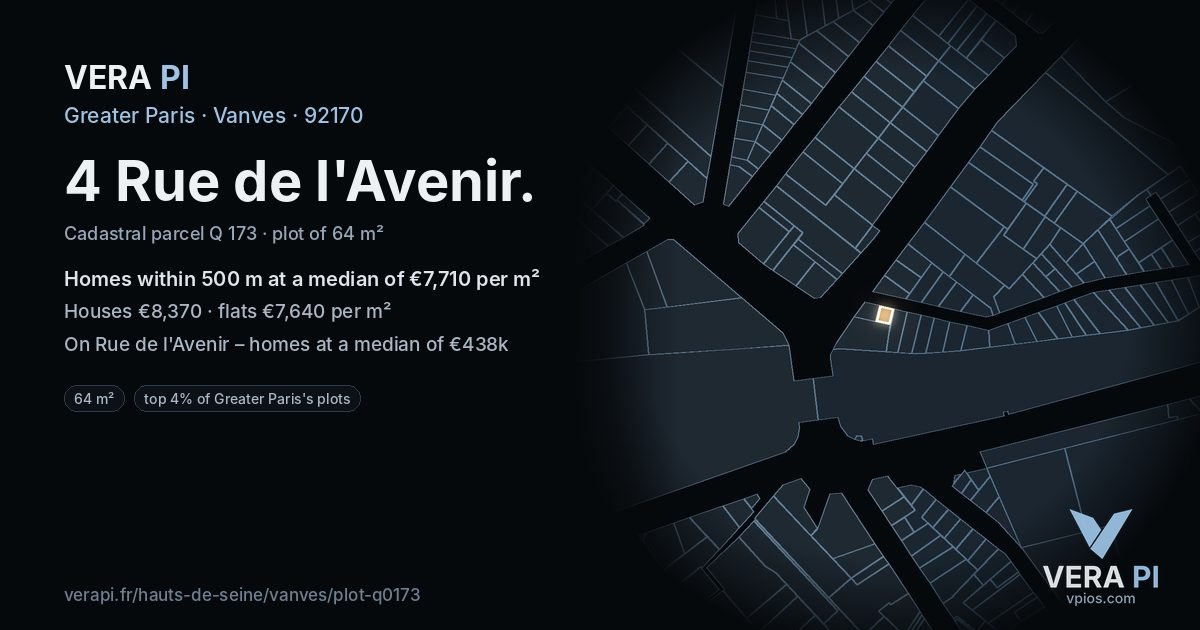 4 Rue de l'Avenir, Vanves at night – the plot lit, the parcels around coloured by the prices near them