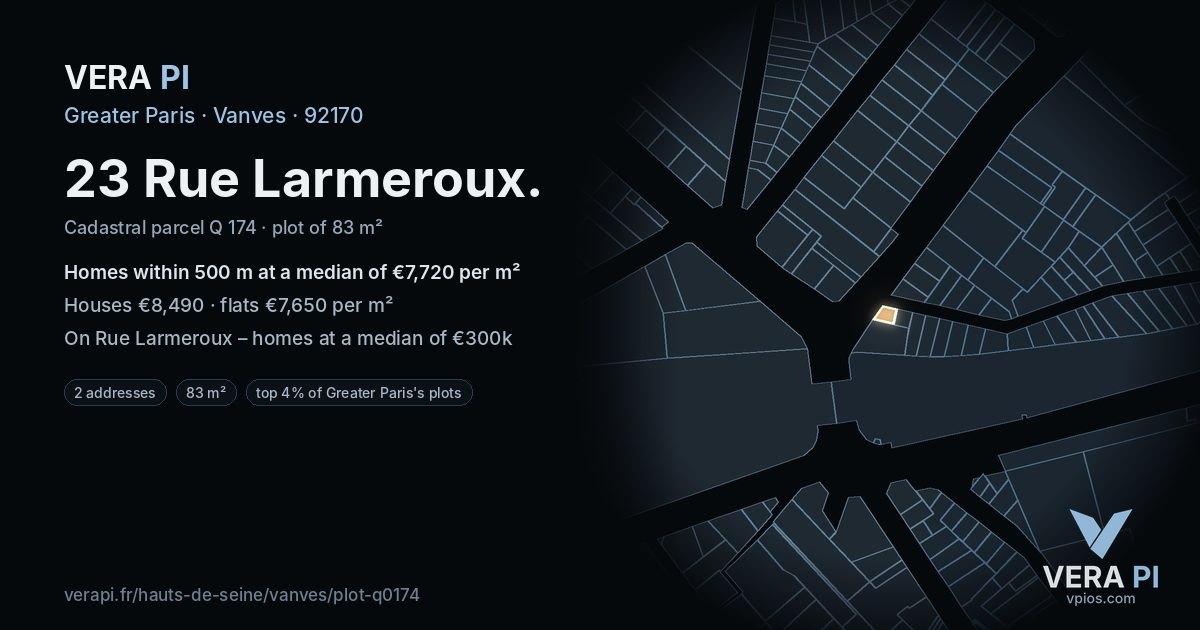 23 Rue Larmeroux, Vanves at night – the plot lit, the parcels around coloured by the prices near them